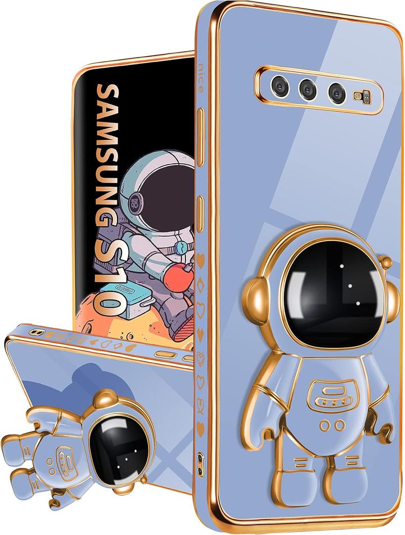 for Samsung Galaxy S10 Case, Galaxy S10 Cases with Astronaut Stand for Women Girls, Girly Cute Spaceman Love Heart Gold Plating 6D Phone Cover with Kickstand for S10 6.1 Inch Dark Blue