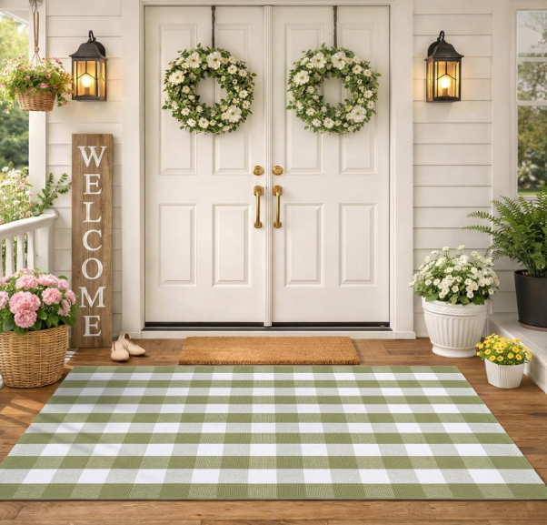 Spring Green and White Plaid Rug, 3' x 5' Cotton Blend Layered Doormat Rug for Front Door, Hand-Woven Washable Entryway & Porch Decor, Green
