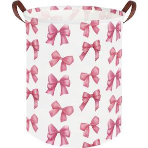 Bow laundry basket for girls,Nursery Hamper,Pink Laundry Hamper,Waterproof collapsible canvas laundry basket for girls,Pink Girls Laundry Basket,Living Room Decor(Bowknot)