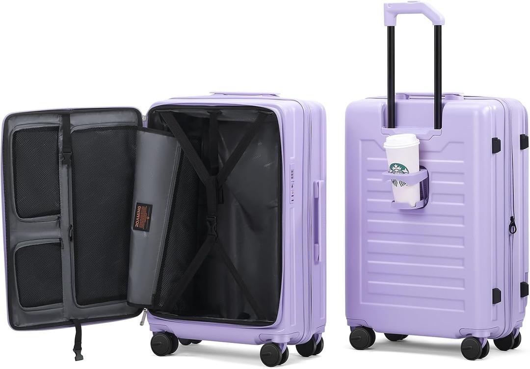 ROAMING 26-Inch Checked Luggage Expandable Front Opening Rolling Vacation Suitcase with Spinner Wheels and TSA Lock Cup Holder, PC Hard Shell Travel Trolley Case for Shout Business Trips purple