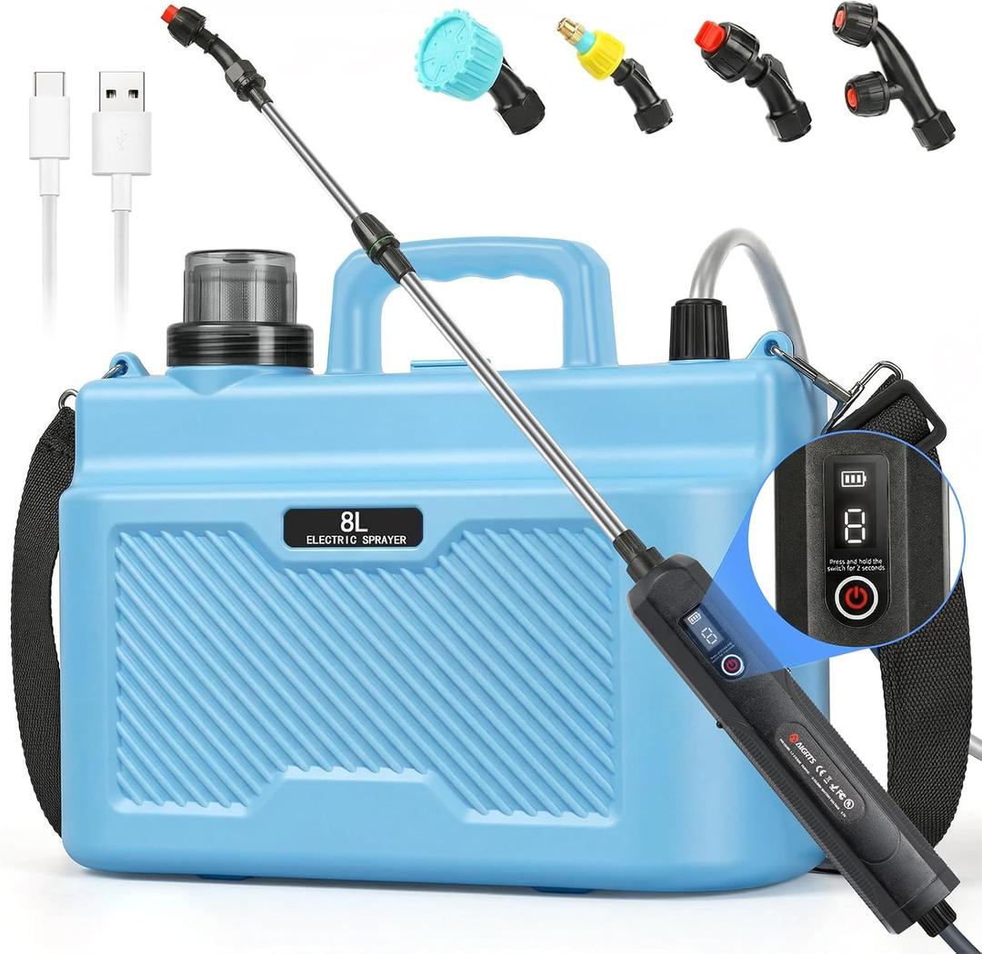 Battery Powered Sprayer 2 Gallons: Features Three-Speed Settings, Battery Indicator, Four Atomizing Nozzles, and an Extendable Spray WandIdeal for Backyard Lawn and Garden Tasks