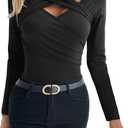 Long Sleeve Cutout Tops for Women Slim Fitted Crisscross V Neck Sexy Fall Going Out T-Shirts (Large, Black)