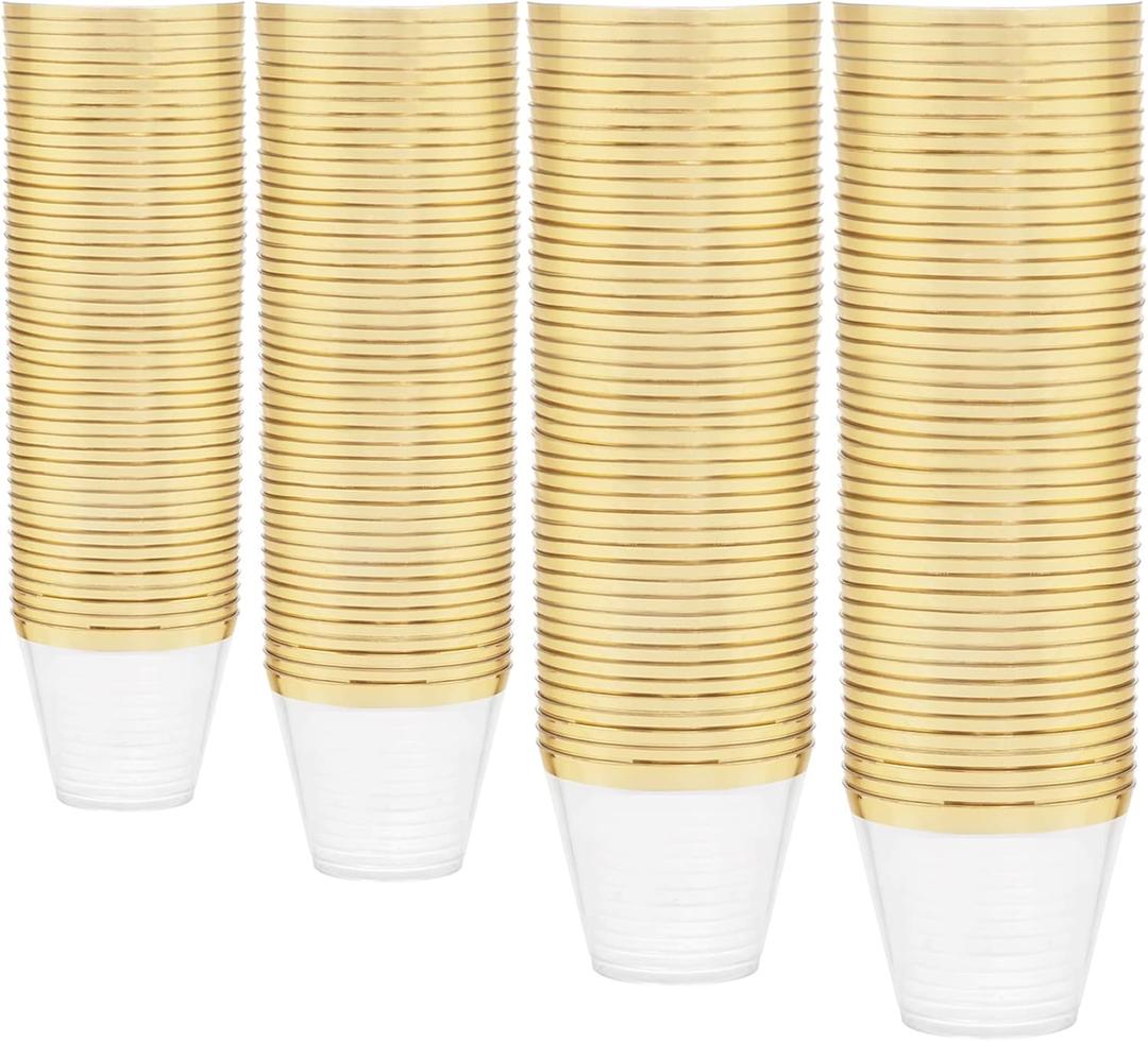 WDF 200 Pack Gold Plastic Cups - 9 Oz Elegant Clear Plastic Cups Gold Rimmed - Fancy Disposable Party Cup Wedding Cup Drinking Tumblers Cocktail Glasses for Thanksgiving