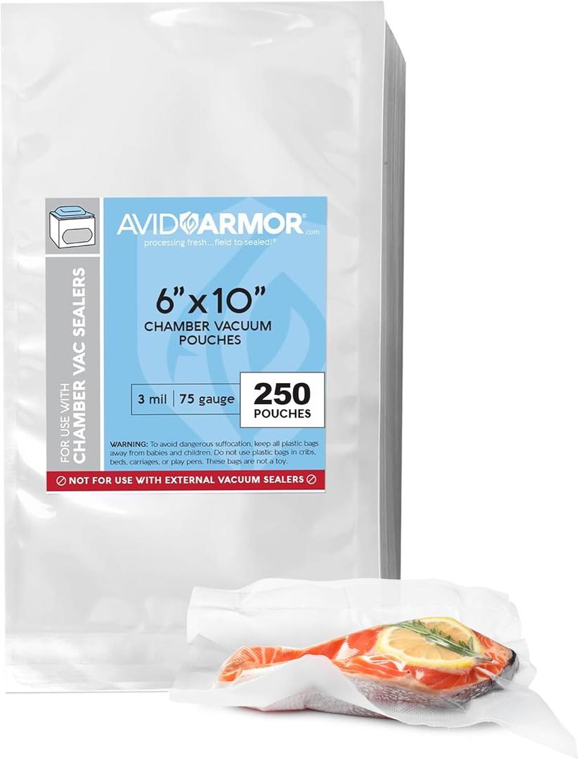 Avid Armor Chamber Vacuum Sealer Bags  Heavy Duty, BPA-Free, Pre-Cut Chamber Vacuum Bags for Food Preservation, Freezer Storage, Sous Vide and more, 250/Pack (6x10)  Multi-Use Vacuum Bags