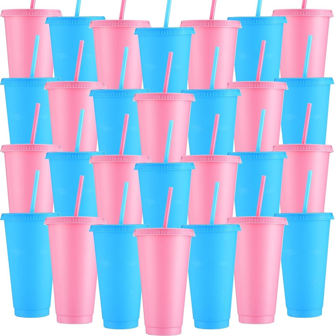 Honeydak 30 Pack Tumbler with Straw and Lid Bulk Cups for Gifts Water Bottle Iced Coffee Travel Mug Cup Reusable Plastic Tumblers for Party Birthdays 24-27 oz (Pink and Blue Color)