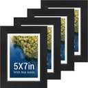 5x7 Picture Frame Set - 4 Pack, Black Wood Photo Frames - Tempered Glass - Displays Photos 4x6 with Mat or 5 x 7 without - Room, Office, Gallery, Studio, and Hallway Decor - Wall Hanging