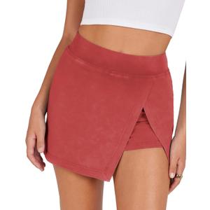 Lianlive Women's Mini Skirt High Waist Casual Split Hem Black Skort Athletic Tennis Bodycon Skirts with Inner Shorts (Red) XS
