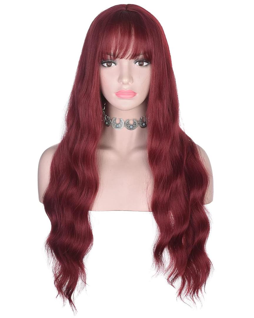 Red Long Wavy Wig with Bangs for Women Heat Resistant Synthetic Hair Wigs for Daily Use(Burgundy)