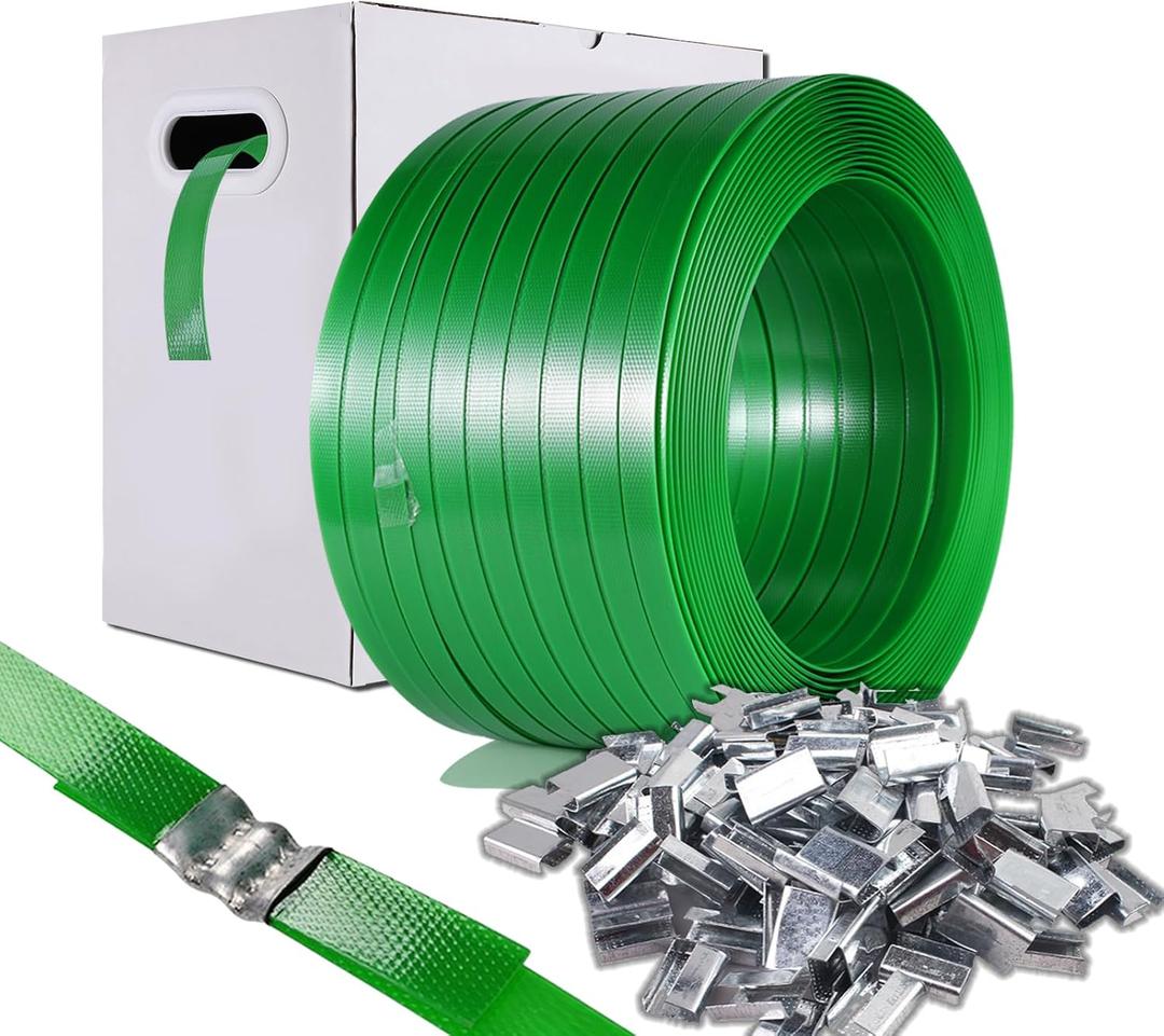 Packaging Strapping, Pallet Strapping, Banding Strapping Coil (5/8" x 1500 ft x 0.035" PET Polyester Strapping and 100 Buckles) - Heavy-Duty Certified 1200 lbs Break Plastic Strap