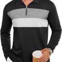 Mens Quarter Zip Polo Shirt Long Sleeve Color Block T Shirts for Men Lightweight Casual Striped Golf Polos (Black, M)