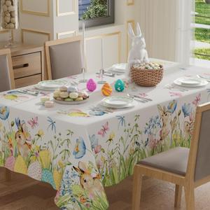 XCHI Bunny Eggs Flower Butterfly Watercolor Rabbits Easter Tablecloth Rectangle Table Cloth Washable Table Covers for Indoor Dining Home Party Decorations 60x84 Inch