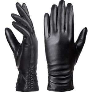 Womens Winter Leather Touchscreen Texting Warm Driving Lambskin Pure Genuine leather Gloves (Large, Black)