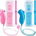 2 Packs Wireless Controller and Nunchuck for Wii and Wii U Console, Gamepad with Silicone Case and Wrist Strap (Pink and Blue)
