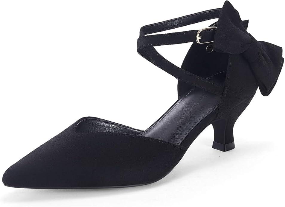 Coutgo Womens Low Kitten Heel Bow Heels Dress Shoes Closed Pointed Toe Ankle Strap Elegant Wedding Party Pumps, (8.5, Black)