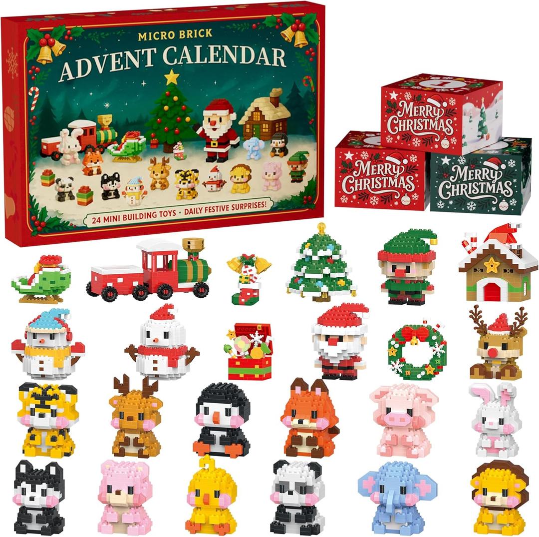 Advent Calendar 2025 Building Blocks, 24 Days Christmas Countdown Kit with 4386PCS Micro Blocks Animal Santa Reindeer Snowman Tree, Holiday Gifts for Kids Boys Girls