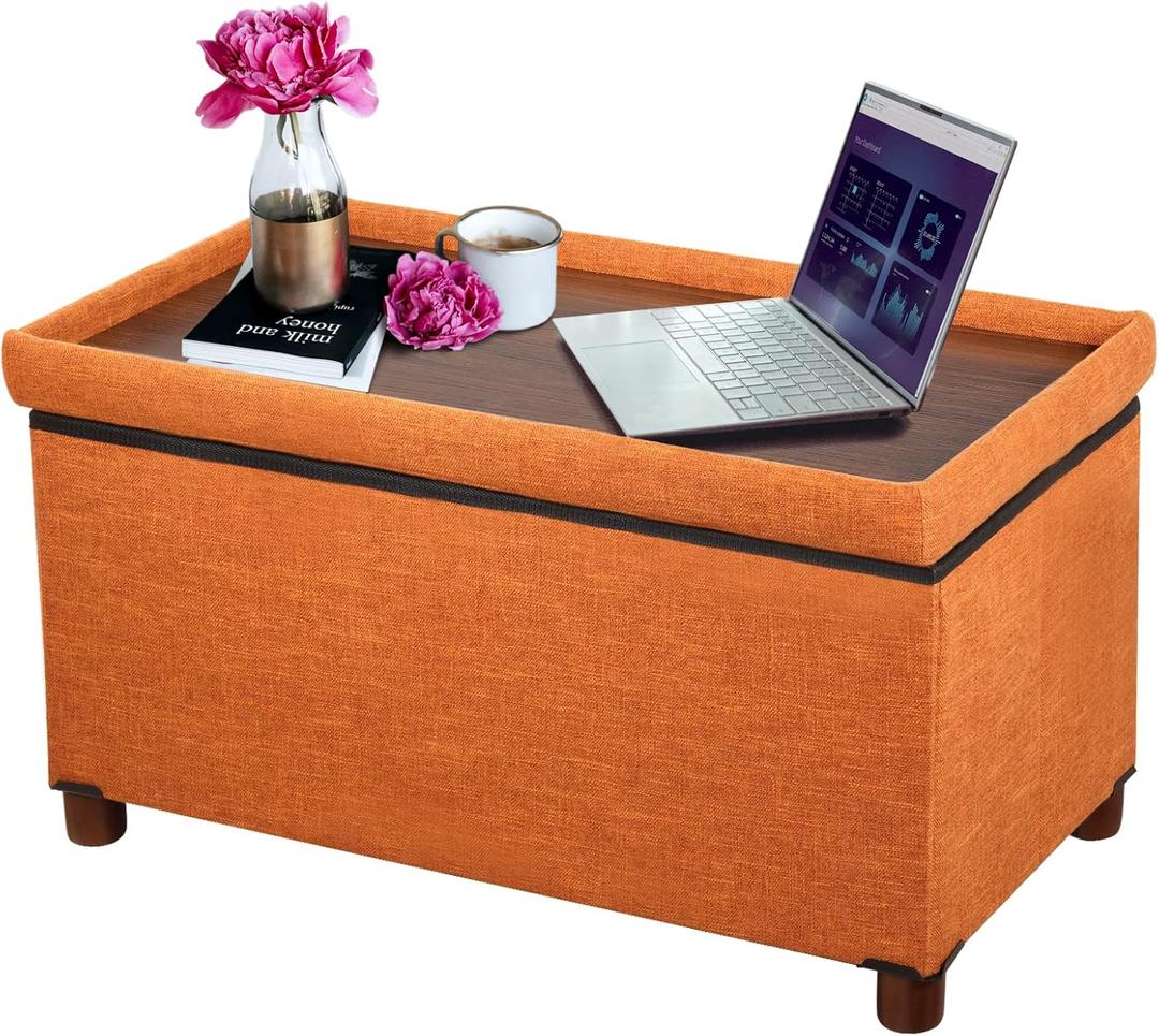 30 Inches Storage Ottoman Bench, Storage Bench with Wooden Legs for Living Room Ottoman Foot Rest Removeable Lid for Bedroom End of Bed, Linen Fabric, Orange