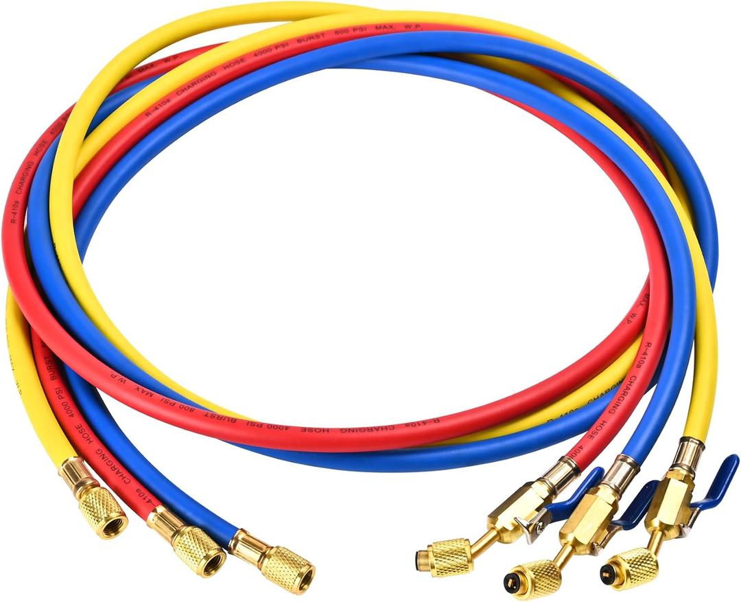 2026 Upgrade 29986 Plus II 1/4 HVAC Hose with Compact Ball Valve. Refrigerant Hose with Standard 1/4 Flare Fittings, 800 PSI Working Pressure for Common Refrigerants. 72, Yellow/Red/Blue (3-Pack)