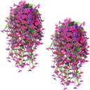 Fanfantoey Artificial Hanging Flowers for Outdoors, 2Pcs UV Resistant Fake Flowers, Realistic Faux Petunias Silk Long Vines Morning Glory Eucalyptus for Outside Planter Porch Patio Home Decor, Mix