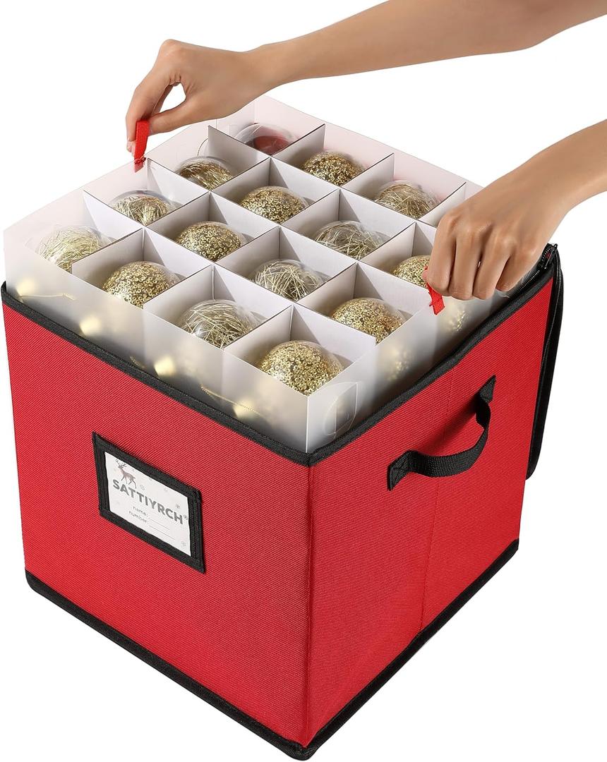 Sattiyrch Christmas Ornament Storage Box,4 Trays with Customizable Dividers,Canvas,Dust-Proof, Holds Up to 64 x 2.36 Ornaments, for Garage/Attic/Basement Storage (Red)