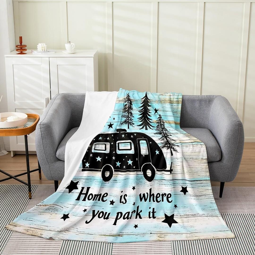 Feelyou Camper Fleece Flannel Fuzzy Blanket Camping Travel Car Plush Throw Blanket, Happy Camping Theme All Season,Bed Blanket for Sofa Couch Microfiber Vintage Wooden Door Room Decor 40"x50" (Multi 91)