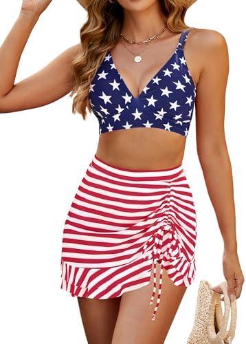 Blooming Jelly Women's High Waisted Bikini Sets Tummy Control Swim Skirt Two Piece Swim Suit 2025 Retro Swimsuit (American Flag, Small)