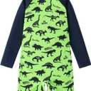 AIWUHE Boys one piece Swimsuit Zipper Rash Guard Kids Long Sleeve Bathing Suits UPF 50+ Sun Protection Swimwear, Green Dinosaur (4T-5T)