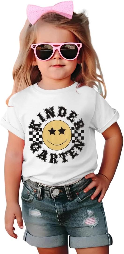 MODNTOGA Kid Girl Boy First Day of School Shirt Cute Face Kindergarten Graphic T-Shirt Short Sleeve Back to School Tee Tops (White, 4-5 Years)