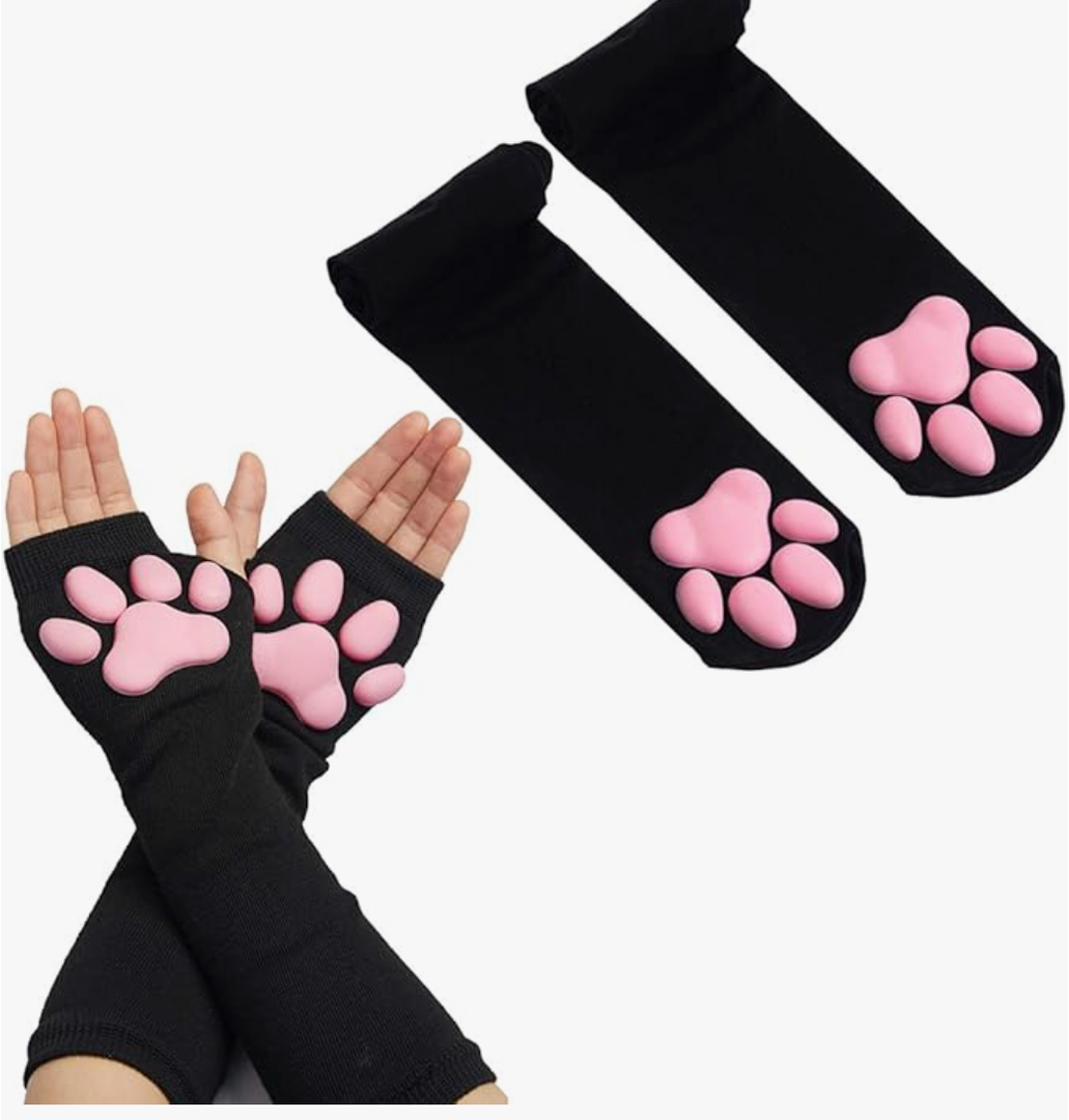Cat Paw Thigh High Socks Golves, Cute Soft 3D Toe Beans Socks Mittens Kitten Claw Pad Socks for Girl Women Cosplay Set