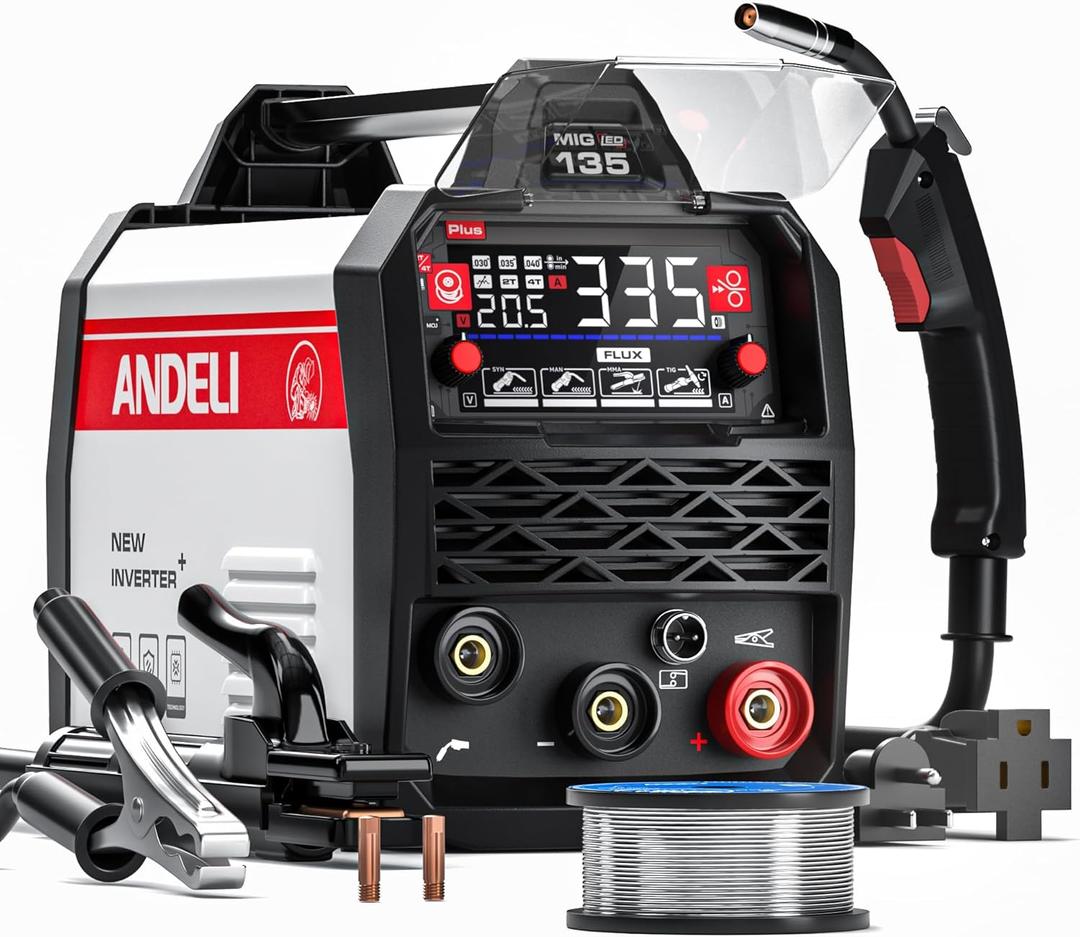 ANDELI 135Amp MIG Welder 110V/220V Dual Voltage, Portable Gasless Welder Flux MIG/Lift Tig/Stick 3-in-1 Multiprocess Welder LED Digital Display Welding Machine IGBT Inverter Welder