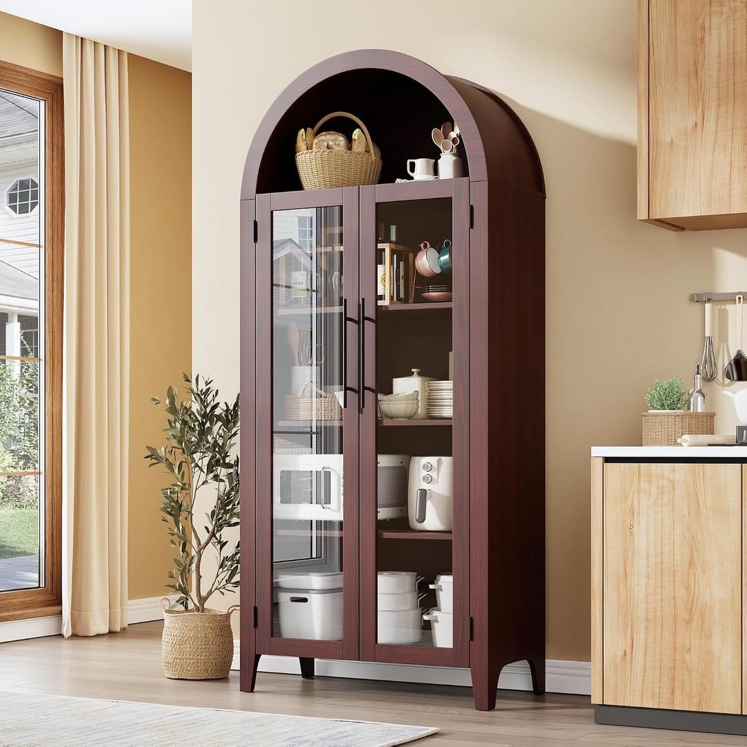IDEALHOUSE Arched Kitchen Pantry Storage Cabinet  Farmhouse 5Tier Display Shelf with 2 Large Glass Doors and Adjustable Shelf, Versatile Cupboard for Kitchen, Dining Room, Living Room