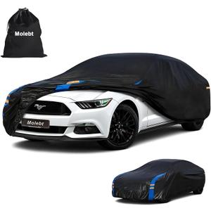 Car Cover Waterproof All Weather for Automobiles, Full Exterior Covers for Sedan & Coupe (186-193 inch) Universal Fit for Ford Mustang, Chevy Camaro Corvette etc. Rain Sun Snow Protection. (Black-Blue)
