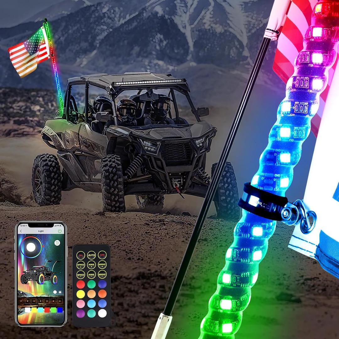 Click to see full view
	
	
3FT 1PC LED Whip Light with Flagpole, UTV ATV Whip Light with Dacning/Chasing, and Can Controlled by Remote and app Simultaneously with Lock Function