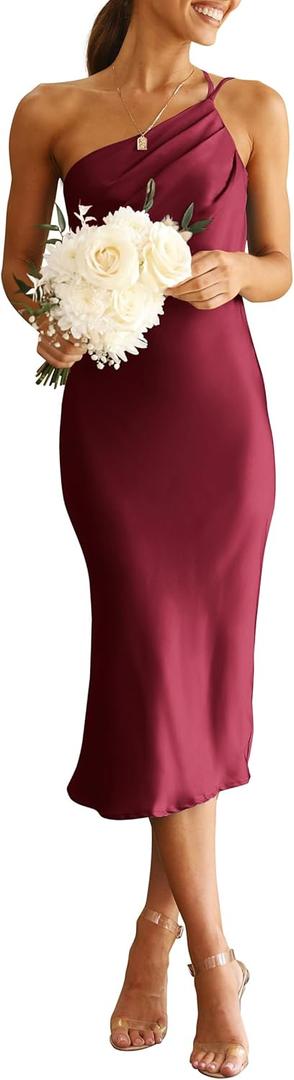 PRETTYGARDEN Women's Midi Satin Dress One Shoulder Spaghetti Strap Backless Ruched Summer Bodycon Dresses , S