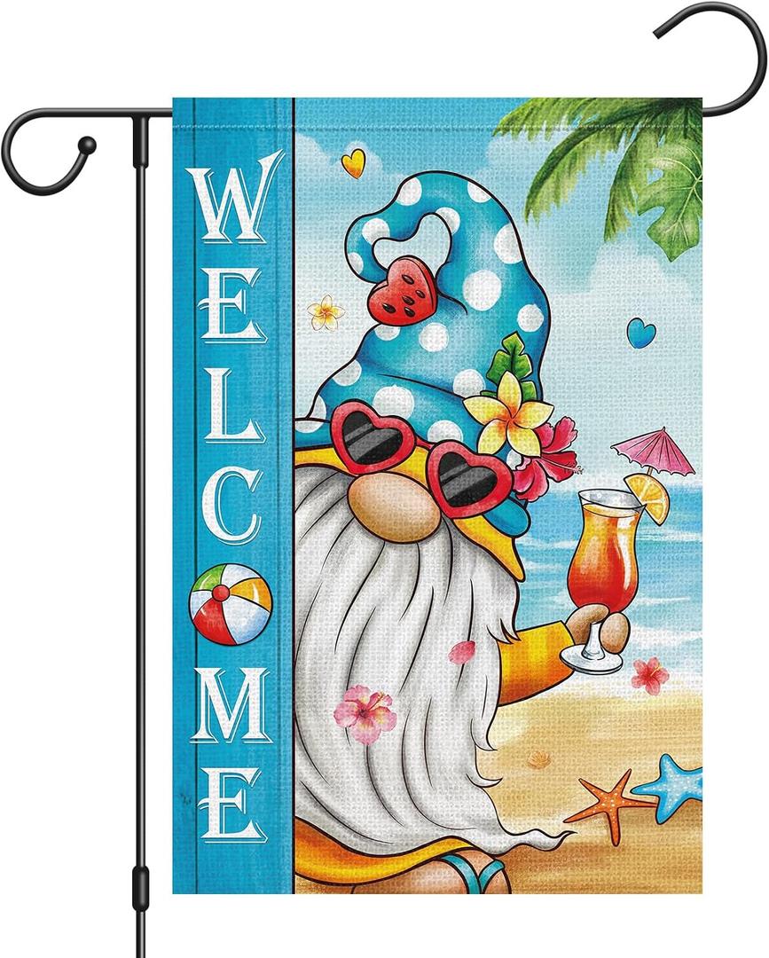 6 x Heyfibro Welcome Summer Gnome Garden Flag 12x18 Double Sided Burlap, Hawaii Tropical Beach Holiday Ocean Sea Welcome Spring Flower Yard Banner for Seasonal Outdoor Party Decoration(ONLY FLAG)
