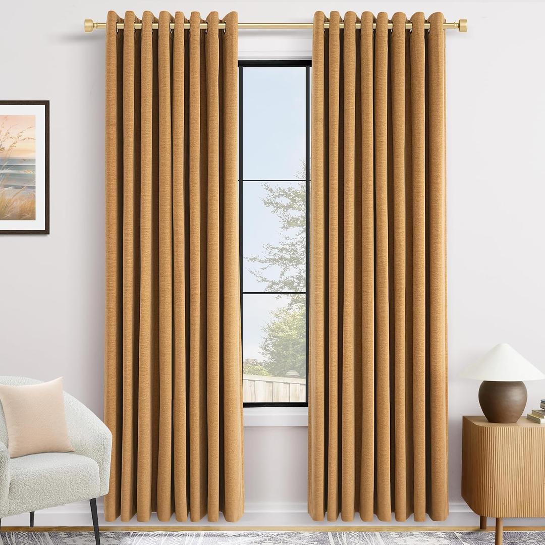 Gold Blackout Velvet Curtains 120 inch Long for Bedroom Grommet Chenille Curtain Light Blocking Thermal Insulated Luxury Elegant Modern Living Room Black Out Drapes Golden Brown Home Decor 2 Panels
