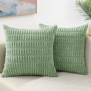 decorUhome Sage Green Neutral Decorative Fall Throw Pillow Covers 16x16 Inch Set of 2, Boho Soft Corduroy Striped Square Pillow Covers Modern Twill Pillow Covers for Couch Bed Sofa Living Room