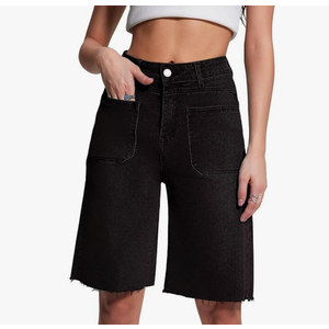 Allimy Womens Front Pockets Denim Long Shorts Jorts Cargo Baggy Bermuda Jean Shorts Knee Length, US 8