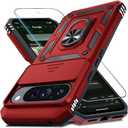 Janmitta Case Compatible with Google Pixel 10 Pro XL Built in Slide Camera Lens Cover+Screen Protector+Finger Ring Holder Kickstand,Heavy Duty Shockproof Full Body Protective Phone Cover,Red