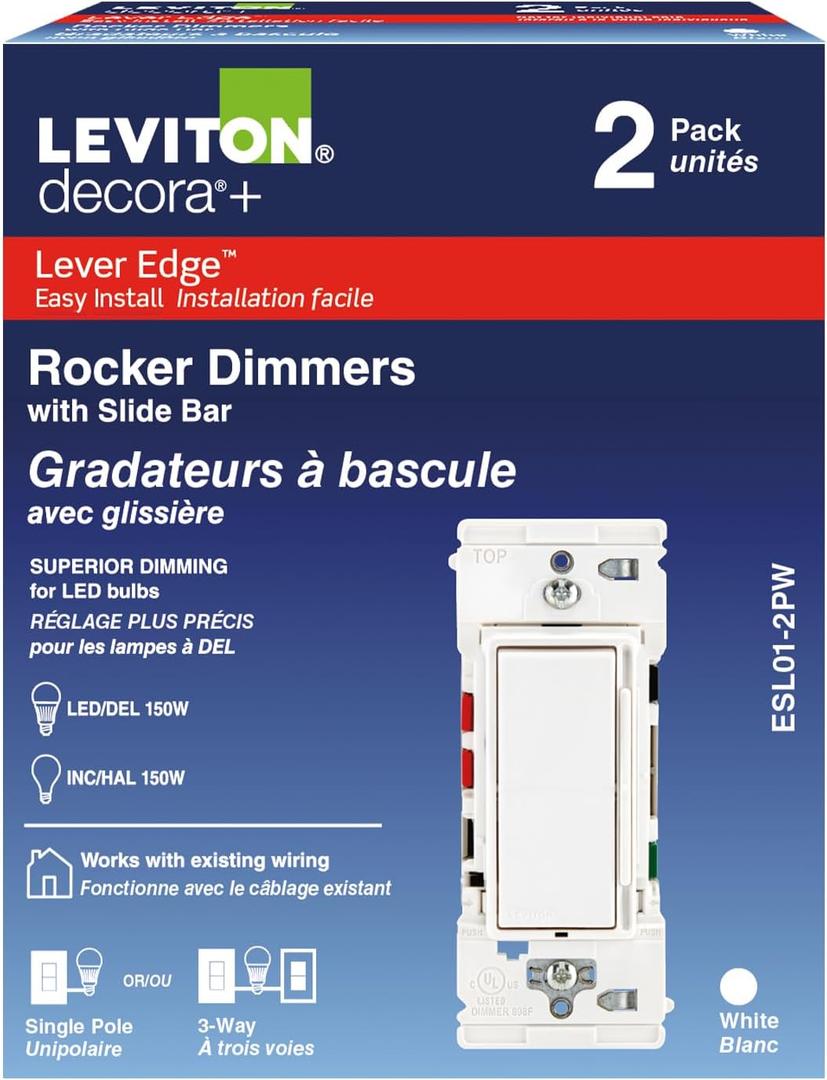 Leviton Lever Edge Rocker Slide Dimmer Switch for LED/Incandescent Bulbs, 150 Watt, Single Pole or 3-Way, 2-Pack, ESL01-2PW, White