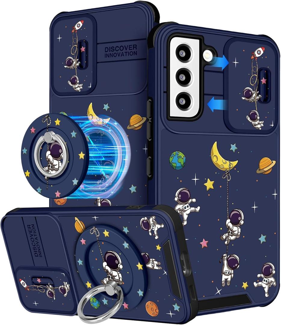 Buleens for Samsung Galaxy S22 Case - with Ring Stand & Camera Cover Aesthetic Cute Designed for Women Girls Cartoon Space Astronaut Design for Galaxy S22 Phone Case Compatible with Magsafe 6.1"