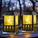 Solar Lanterns Outdoor Waterproof, 3D Star Light with Flashing Mode, Solar & USB C Charging, Metal Hanging Lantern for Wall Landscape Yard Patio Driveway Garden Decor, Warm Light 2 Pack