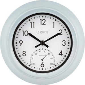 La Crosse Clock T82110 9" Indoor/Outdoor Light Blue Distressed Analog Clock with Thermometer