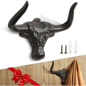Cast Iron Coat Hooks Wall Mount 2 Pack Outdoor Western Decorative Wall Hooks Heavy Duty Towel Hooks for Bathroom Entryway Closet Cow Bull Animal Hooks Western Rustic Farmhouse Wall Decor, Antique Rust