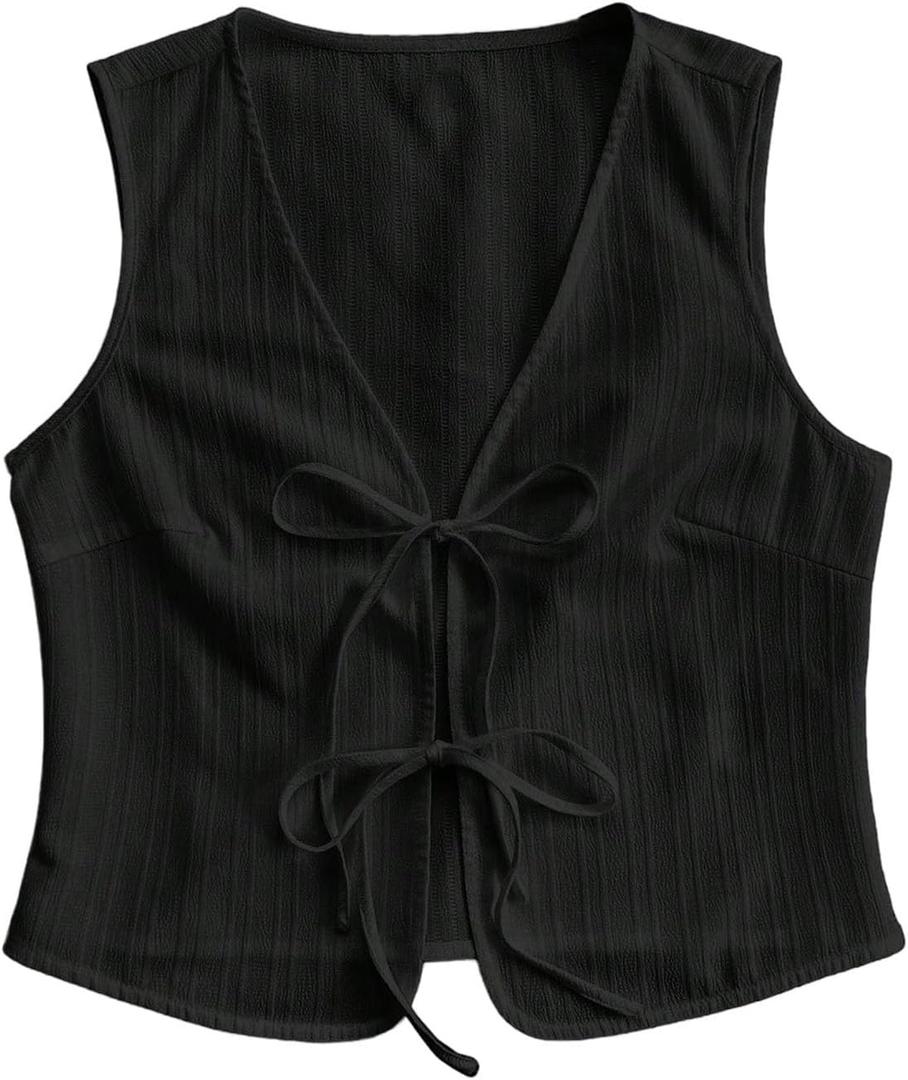 Women's Summer Bow Tie Front Vest Top Deep V Neck Sleeveless Tank Going Out Tops (Black, M)