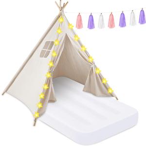 PLULON Teepee Tent for Kids Slumber Party, Sleepover Tents for Girls Party, Play Indoor with Inflatable Airbed and Decorations Accessories Foldable Playhouse Christmas Birthday Gift (1pc Off White)
