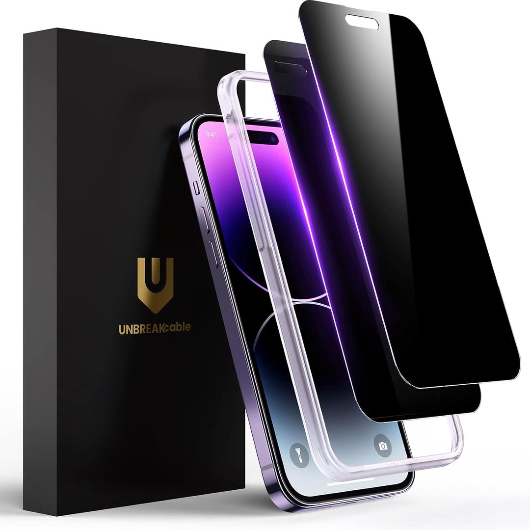 UNBREAKcable Privacy Screen Protector for iPhone 14 Pro Max, Shatterproof Tempered Glass [True 28Anti Spy] [9H Hardness] [Easy Installation Frame] Black Protector for iPhone 14 Pro Max 6.7" -2 Pack