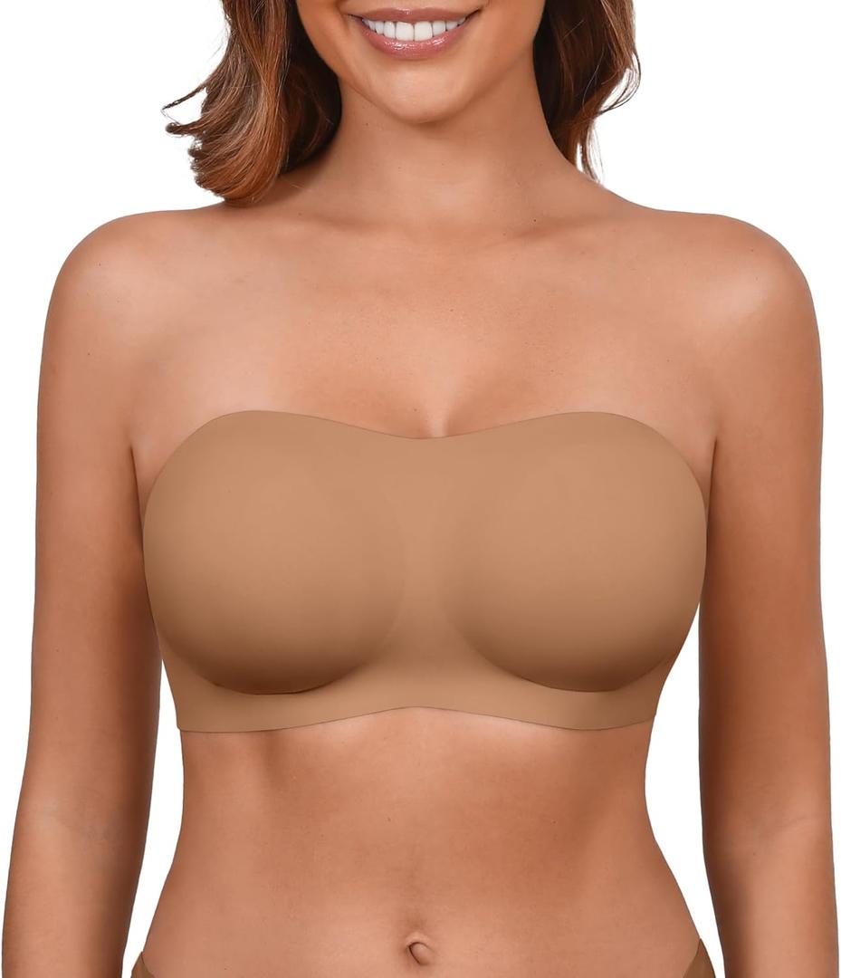 DEANGELMON Strapless Bras for Women Seamless Padded Bandeau Bra Non-Slip Silicone Tube Top Wireless Push Up Convertible Bralettes(Coffee,L) (Brown, L)