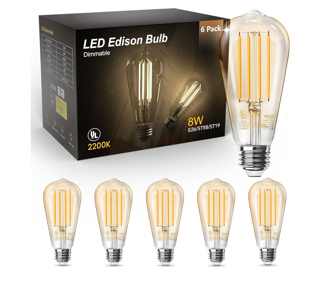 TJOY 4 Pack Vintage 8W ST58 LED Edison Amber Light Bulbs, 60W Equivalent, 800 Lumens, 2200K Soft White, Dimmable, E26 Base LED Filament Bulbs, CRI80+, Antique Glass Style for Home, Bedroom