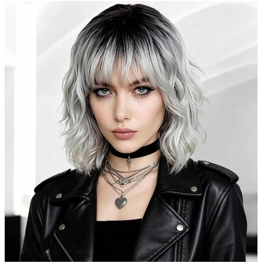 PLULON Silver Gray Curly Bob Wig Heart Sunglasses for Women, Girls Shoulder Length Wavy Wigs with Bangs Synthetic Hair with Hair Cap Funny Party Hair for Bachelorette Party Musicals Halloween Costume