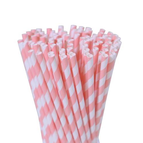 Disposable Pink Paper Straws - 7.75 inch Cute Pink White Striped Drinking Straws 100 Counts for Cocktail, Bridal Shower, Birthday, Party
